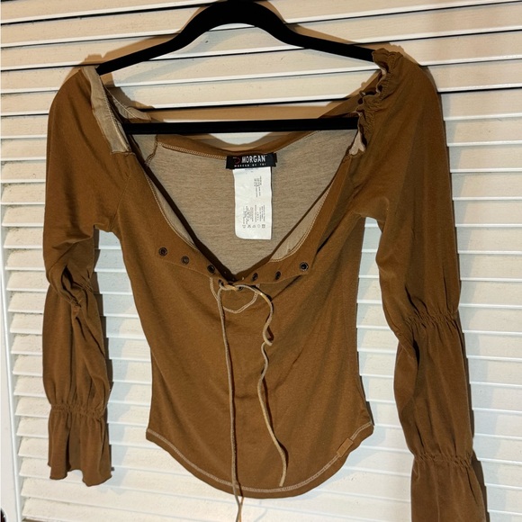 Morgan. Tops - Women's Tan Lace-Up Blouse